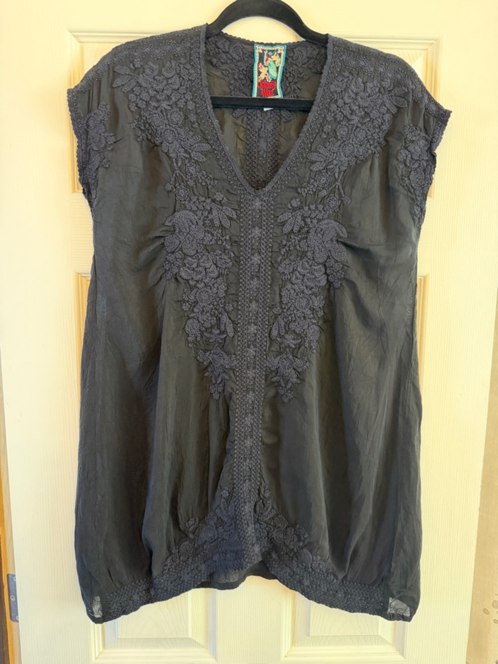 Johnny Was Black Silk Embroidered Tunic Blouse - Sheer Boho Top